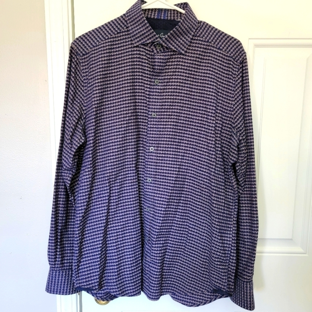 Robert Graham Royal Blue Gold Houndstooth Check Button Down Shirt Size L